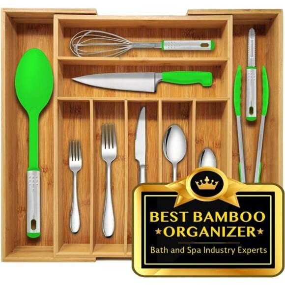 Expandable bamboo silverware drawer organizer utensil tray wood cutlery holder - Picture 1 of 8